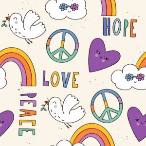 Motif peace et love à destinatoin de vêtement évolutif pour les enfants de 0 à 6 ans.